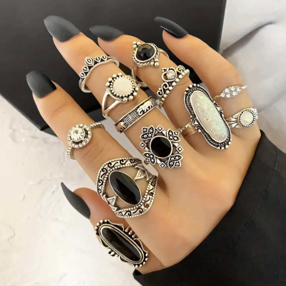 25 Boho Rings Silvery Stacking Ring Set Jewelry 70s Style Knuckle Rings - Picture 2 of 4